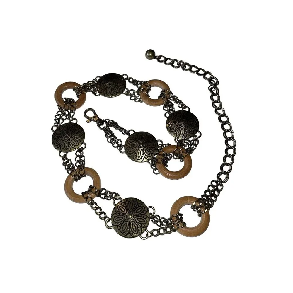 Engraved Gold Antique Brass Disc Wood Ring BOHO Hippie Festival Chain Belt 35